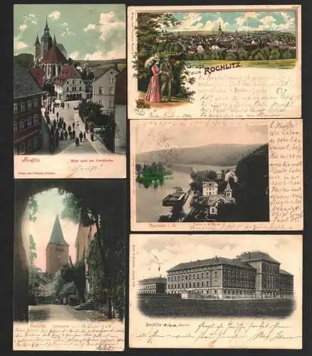 142546 5 Ansichtskarte Rochlitz Litho 1899 Schlosshof Petrikirche Weinhandlung Seminar 1902