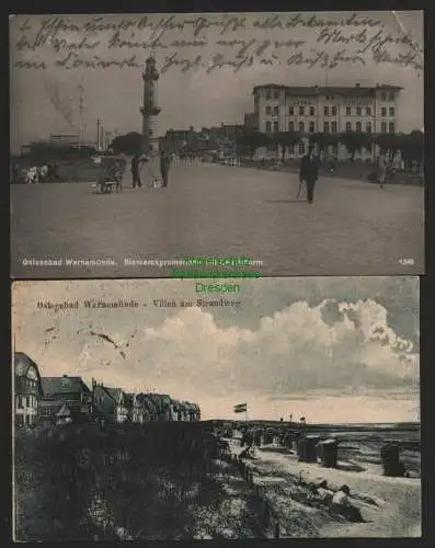 140637 2 AK Ostseebad Warnemünde 1921 Villen Hotel Pavilon Leuchtturm 1926