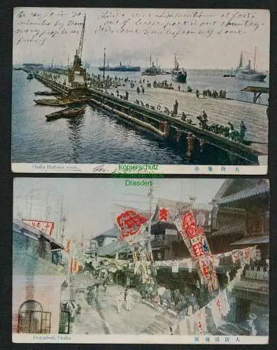 139067 2 Ansichtskarte Osaka Japan Dotonbori Habour Work 1910 nach Radeberg