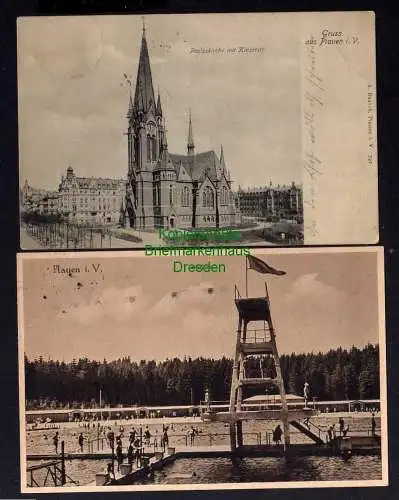 121452 2 AK Plauen Vogtl. Pauluskirche mit Kaiserstraße 1907 Freibad Stadion 193