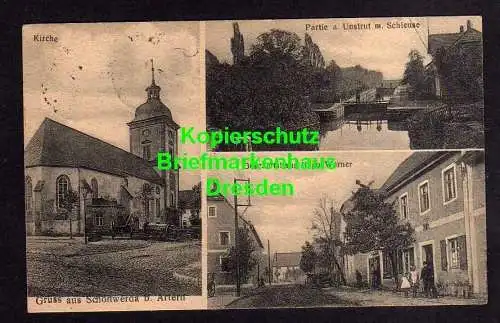 116820 Ansichtskarte Schönewerda b. Artern 1922 Kirche Partie Unstrut m. Schleuse Geschäft