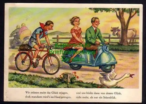 117141 Ansichtskarte Künstlerkarte Humor Fahrrad Motorroller Mann Frau Gans