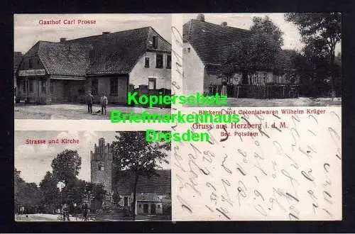 116840 Ansichtskarte Herzberg i. d. Mark Bez. Potsdam 1912 Gasthof Cark Prosse Strasse Kirc