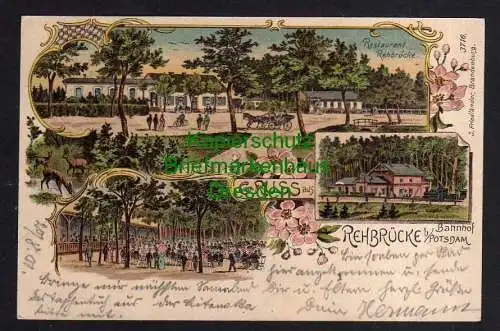 117257 Ansichtskarte Rehbrücke bei Potsdam Litho Restaurant Bahnhof 1901 mit altem Preussen