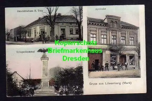 116836 Ansichtskarte Löwenberg Mark 1912 Apotheke Geschäftshaus E. Tolg Kriegerdenkmal