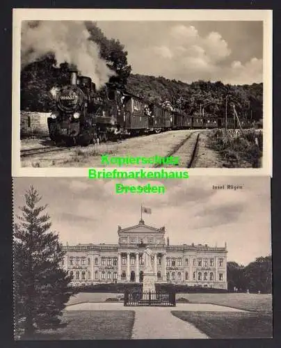 114680 2 Ansichtskarte Putbus Rügen Schloss um 1925 Rasender Roland Zug Lok 1956