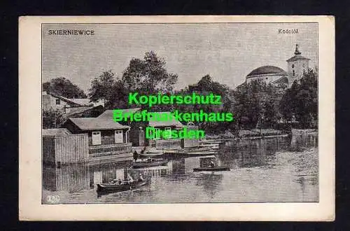 114255 Ansichtskarte Skierniewice See Teich Gondelstation Kirche Kosciol um 1920