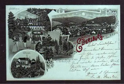 111170 Ansichtskarte Elgersburg 1902 Mondscheinlitho Badehaus Mühle Goethefelsen Schloß