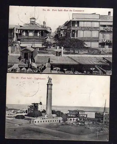 110550 2 Ansichtskarte Port Said 1908 Lighthouse Leuchtturm Egypte Hotel Rue du Commerce