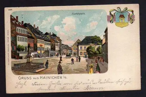 106902 Ansichtskarte Hainichen um 1900 Marktplatz Wappen