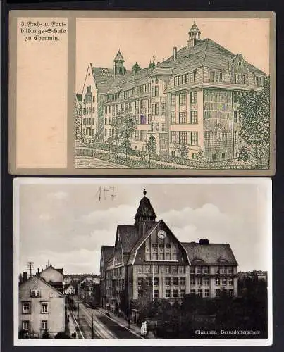 104364 2 Ansichtskarte Bernsdorferschule Fotokarte 3. Fach- Fortbildungs Schule Jugenddank