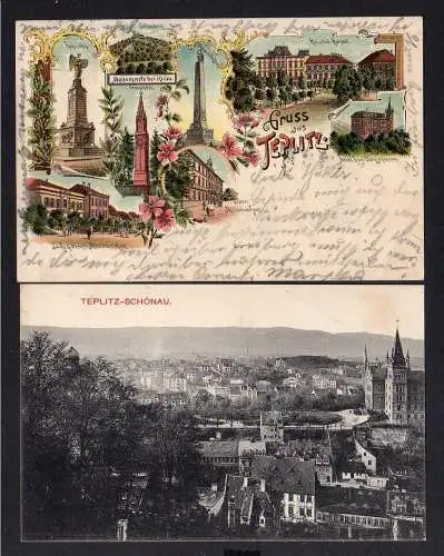 104352 2 Ansichtskarte Teplitz Schönau 1909 Litho 1900 Militärbadehaus Gymansium Monumente