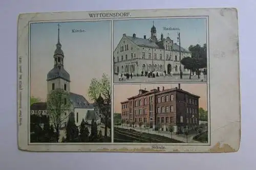 104715 Ansichtskarte Wittgensdorf Kirche Rathaus Schule 1911 nach Frankreich