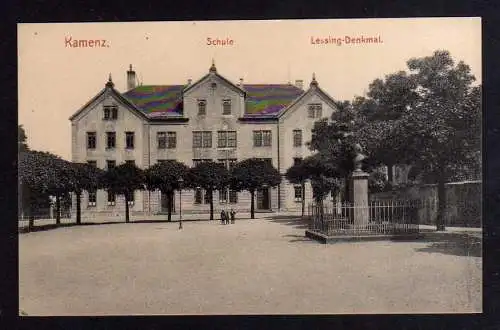 101233 Ansichtskarte Kamenz um 1910 Schule Vollbild Lessing Denkmal