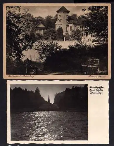 100157 2 Ansichtskarte Rheinsberg Abendleuchten beim Schloss 1938 Theater 1932