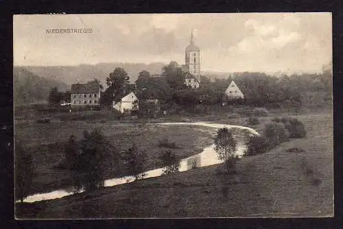 100534 Ansichtskarte Niederstriegis Roßwein 1913 Kirche Ort Bach