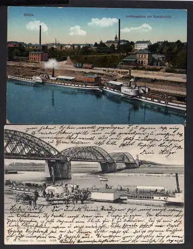 100412 2 Ansichtskarte Riesa Elbbrücke 1904 Landungsplatz Dampfer Libussa John Penn 1915