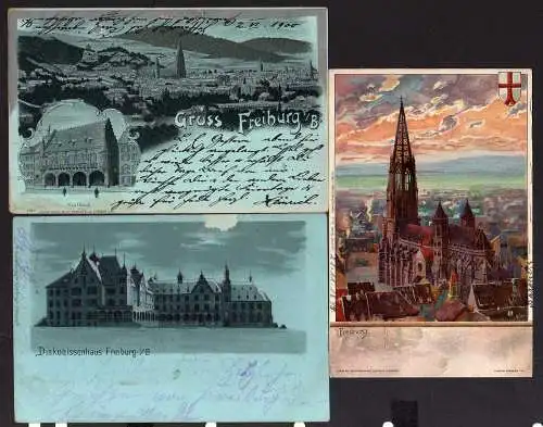 100037 3 Ansichtskarte Freiburg Breisgau Diakonissenhaus1899 Kaufhaus 1900 1897 mit Luna Ef