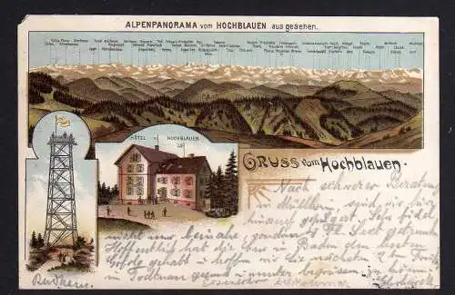 100047 Ansichtskarte Hochblauen bei Badenweiler 1898 Litho Hotel Aussichtsturm