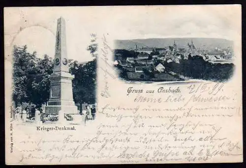 40162 Ansichtskarte Ansbach Krieger Denkmal 1899