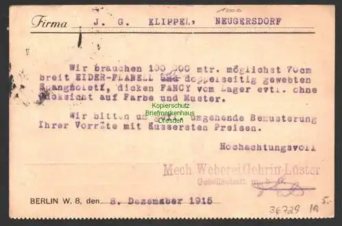 36729 Postkarte Gehrin Berlin Mechan. Weberei Waren 1915