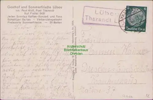 171111 AK Gasthof u. Sommerfrische Lübau Post Tharandt 1933 Landpoststempel