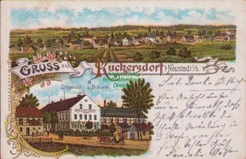 170041 AK Rückersdorf b. Neustadt i. Sa. 1907 Litho Erbgericht und Brauerei