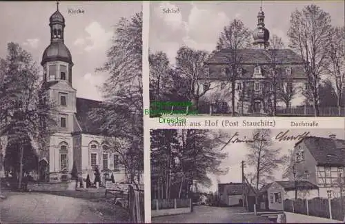 158622 AK Hof Post Stauchitz Sachsen 1928 Kirche Schloß Dorfstraße