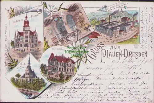 158243 AK Dresden Plauen 1897 Litho Rathaus Kirche Parkschänke Bienert Mühle