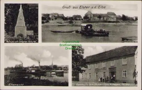 157685 Ansichtskarte Elster an der Elbe 1939 Gasthof zum Schiffchen A Hagen Kriegerehrenmal