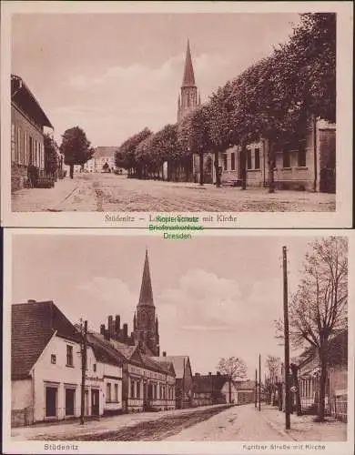 157470 2 AK Stüdenitz um 1930 Lohmer Str. Kirche Kyritzer Straße Geschäft Brandt