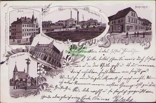 157151 Ansichtskarte Strasburg U. M. Uckermark 1896 Litho Buchdruckerei Schule Zuckerfabrik