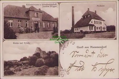 157098 Ansichtskarte Mummendorf bei Grieben Meckl. 1929 Molkerei Gasthaus Wigger Kirche