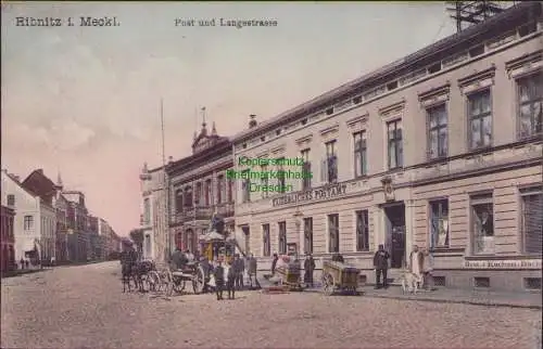 157102 Ansichtskarte Ribnitz i. Meckl. Kais. Postamt Bäckerei Post und Langestrasse um 1910