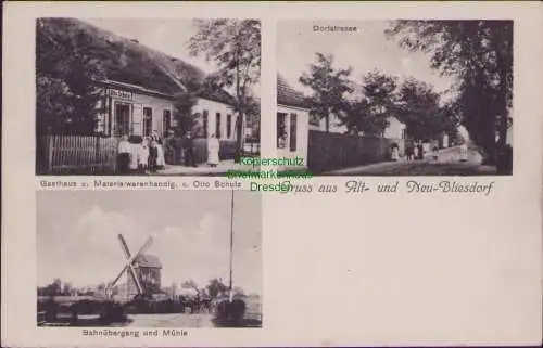 157077 Ansichtskarte Alt und Neu Bliesdorf 1919 Bahnübergang Windmühle Mole Gasthaus