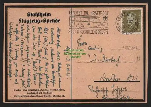 155106 AK Leipzig Stahlhelm Flugzeug Spende 1932 Flieger Staffel Baustein Propag