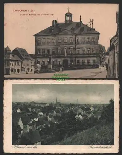 154132 2 AK Hainichen 1911 Markt mit Rathaus Gellertdenkmal 1916 Gesamt 1943