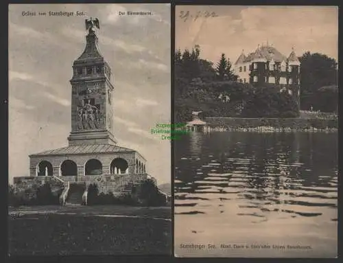 154189 2 AK Grüsse vom Starnberger See Der Bismarckturm 1909 Schloß Garatshausen