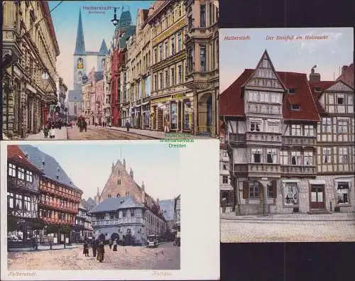 152620 3 AK Halberstadt Breiteweg 1915 Rathaus um 1905 Stelzfuß am Holzmarkt