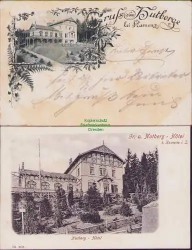 152598 2 Ansichtskarte Hutberg bei Kamenz Hotel 1897 + 1905