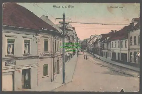 152204 Ansichtskarte Riesa Elbe 1913 Hauptstraße Weinhandlung Möbelfabrik