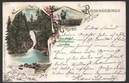 152065 Ansichtskarte Litho Gruss aus dem Roiesengebirge Kochelfall 1898