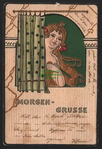 151756 Ansichtskarte Künstlerkarte Köln 1902 Morgen Grüsse Frau am Fenster geprägt