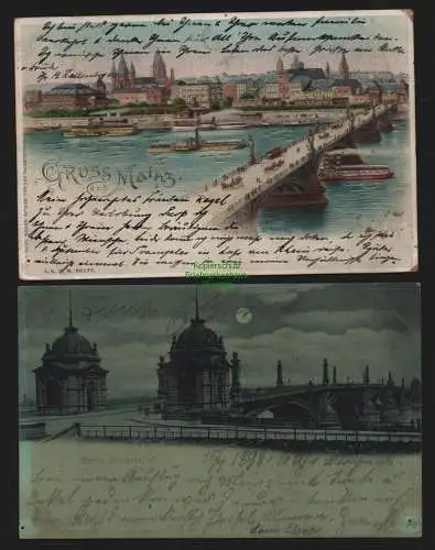 149821 2 Ansichtskarte Mainz 1898 Litho Brücke Panorama