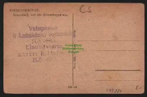 149880 AK Brunnberg Schneekoppe Riesengebirge Stempel Eintrittskarte um 1930