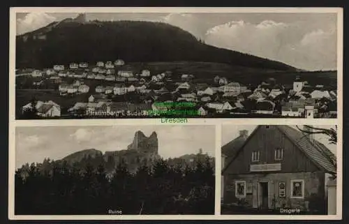 148002 Ansichtskarte Pfraumberg im Sudetengau um 1940 Primda Drogerie Balda Ruine Panorama