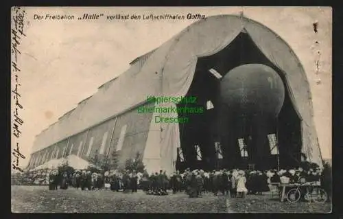 145159 Ansichtskarte Gotha Freiballon Halle verlässt den Luftschiffhafen Zeppelinhalle 1910