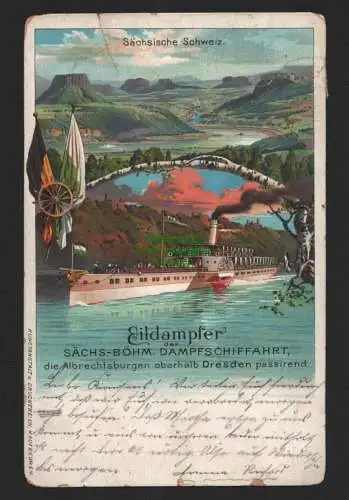 144781 Ansichtskarte Sächsische Schweiz Eildampfer Sächs.-Böhm. Dampfschiffahrt 1907