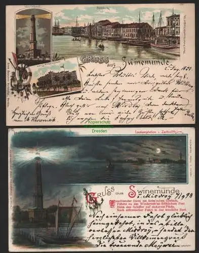 144759 2 AK Swinemünde Litho 1898 Bollwerk Leuchtturm König Wilhelmsbad