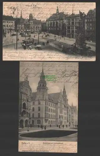 144848 2 Ansichtskarte Halle Saale 1905 Poststrasse Justizgebäude Marktplatz 1904 Flaggenst